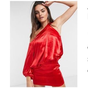 ASOS DESIGN One Shoulder Blouson Drape Mini Dress Red